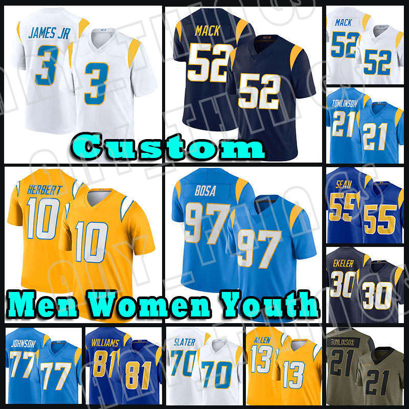 

52 Khalil Mack 10 Justin Herbert 27 J.C. Jackson Football Jersey 97 Joey Bosa 3 Derwin James Jr Keenan Allen Austin Ekeler Junior Seau LaDainian Tomlinson Rashawn Slater, Custom women(shandina)