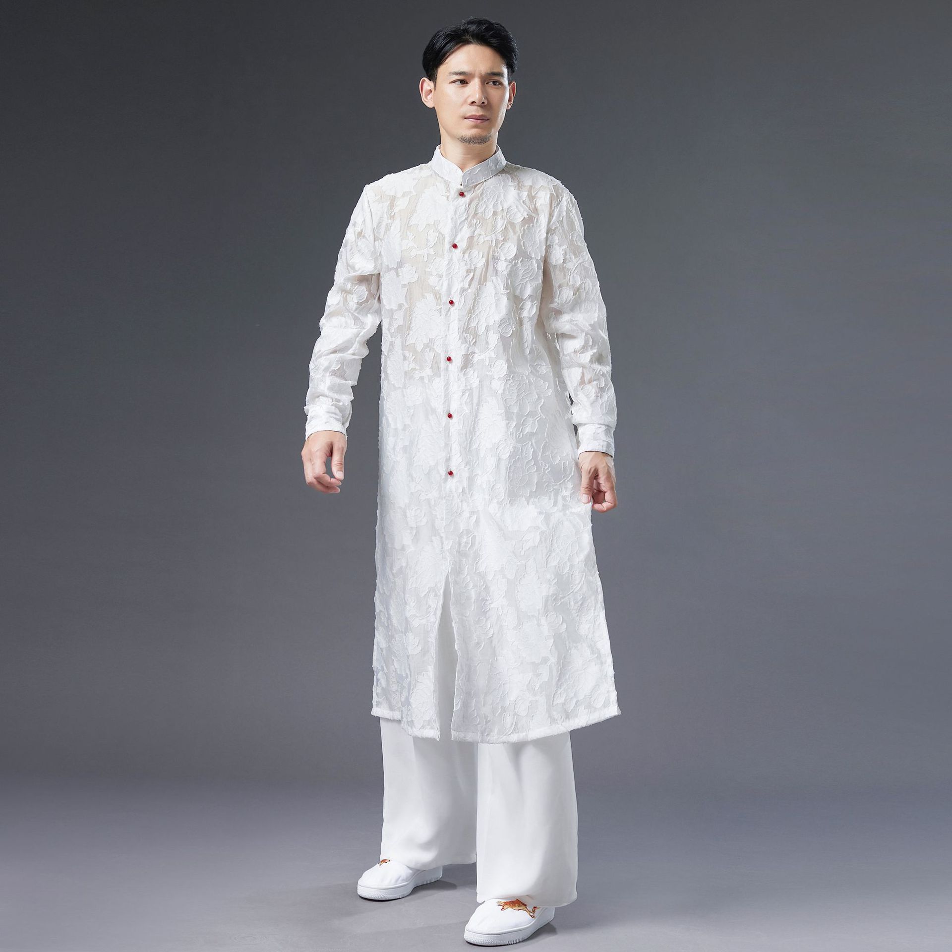 Party performance singer men's stage wear Cotton silk robe Chinese traditional clothing male cheongsam long sleeve Chinese tang suit for men