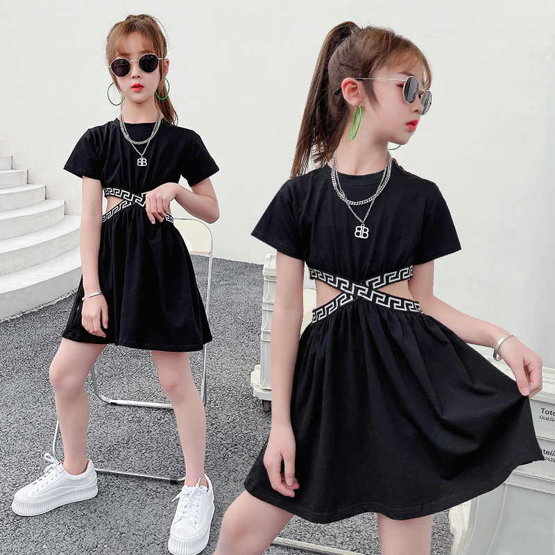 Girls Summer Dresses Black ALine Geometric Pattern Knit Waist Hollow Cut Sports Casual Dress 314Y Childrens Girl Clothing 220707
