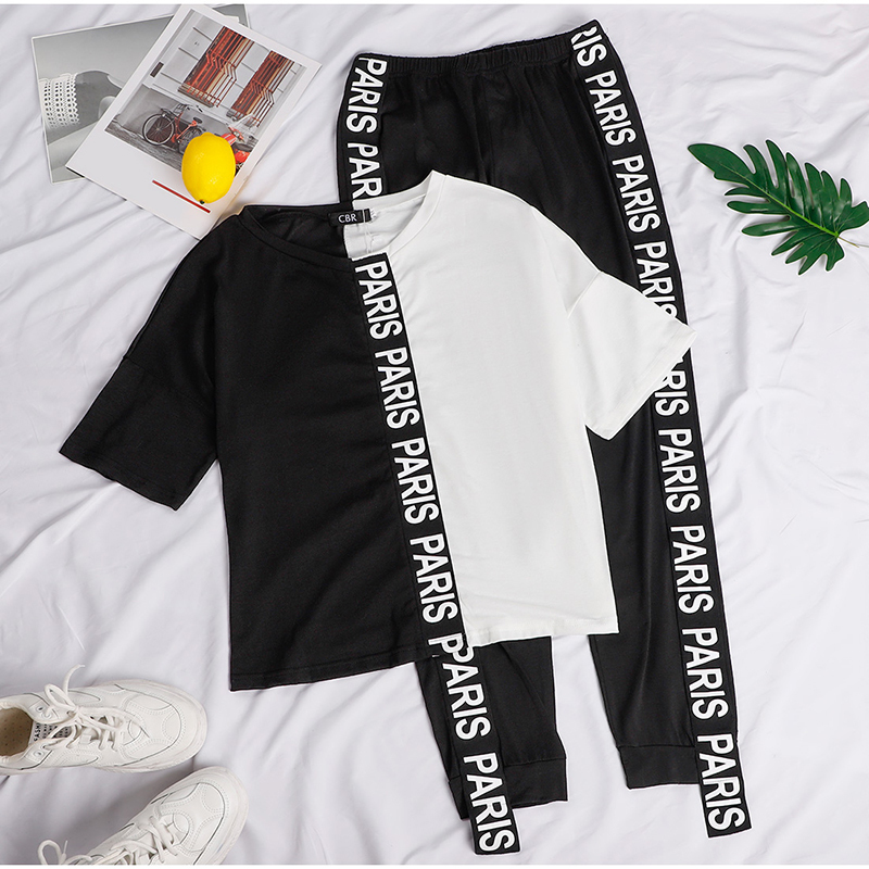 Off Shoulder Tracksuit Women Two Piece Set Summer Clothes Letter Print Colorblock Tshirt Top and Pants Suit Women's Sets Outfits 220509