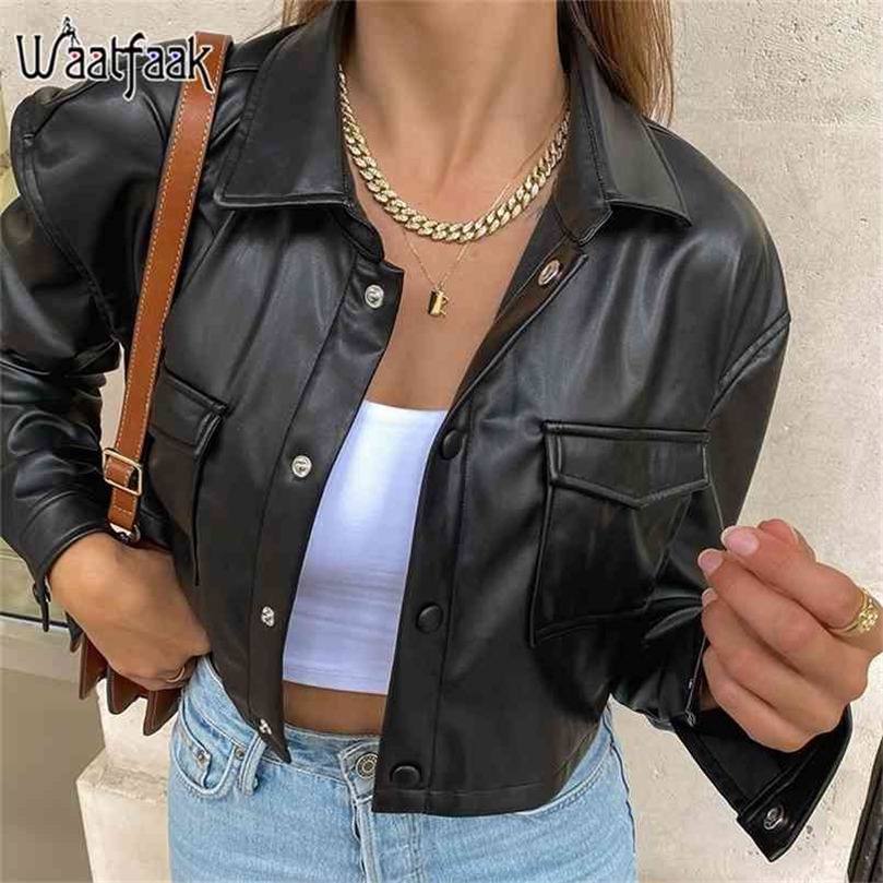 Waatfaak Faux Leather Cropped Jacket Women Punk Pocket Patchwork PU Leather Coat Black Button Y2K Jacket Harajuku Long Sleeve 210908