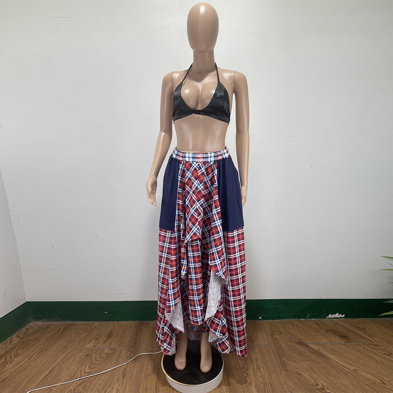 Plaid Checkered Tie Dye Patchwork Pleated Skirt Women Vintage High Waist Ruched Maxi Summer Female Floor Length s 220317
