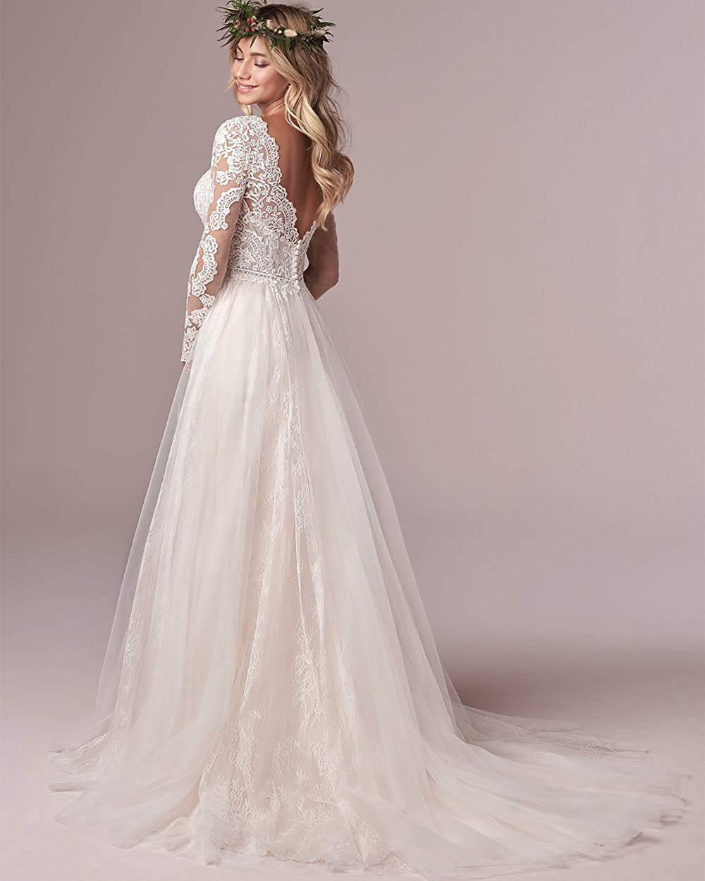 A Line Long Illusion Sleeves Wedding Dresses Lace Bridal Gowns 2022 Tulle Ivory V-neck Backless Vestido De Novia Open Back