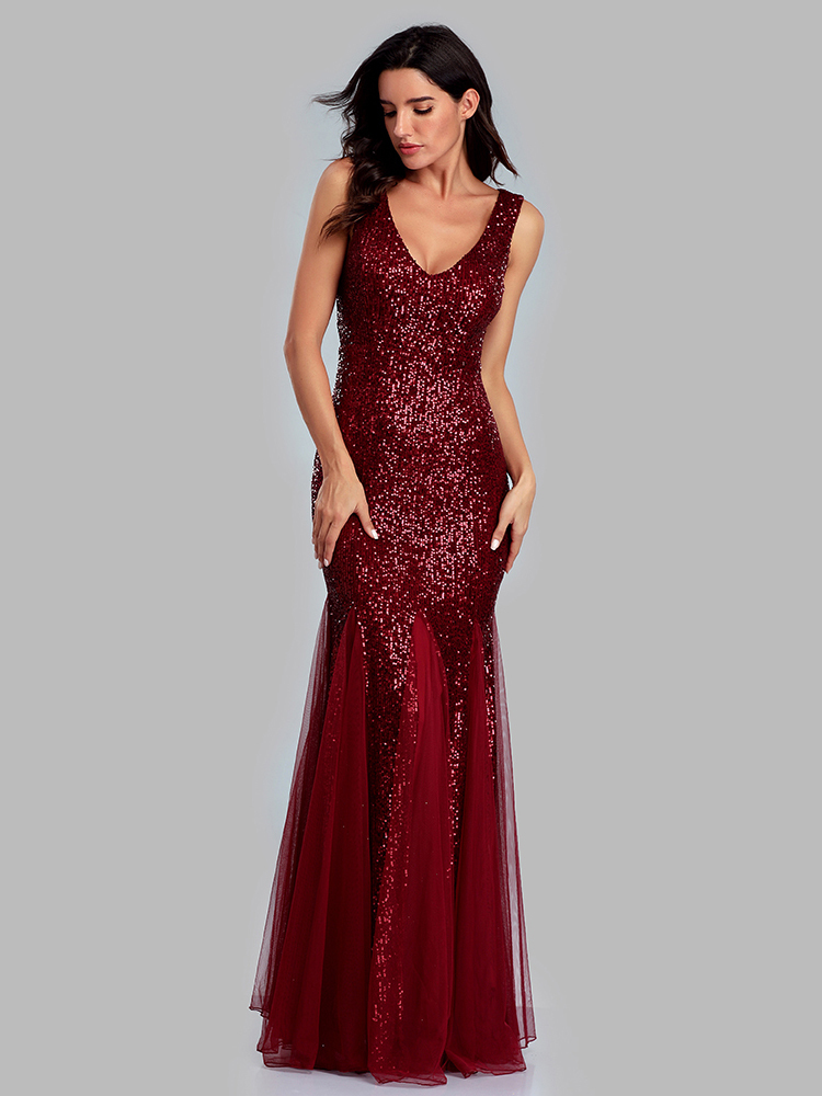 Plus Size V Neck Mermaid Burgundy Dress Long Formal Prom Party Gown Sequins Sleeveless Robe De Soriee Sexy Evening Vestido De 220510