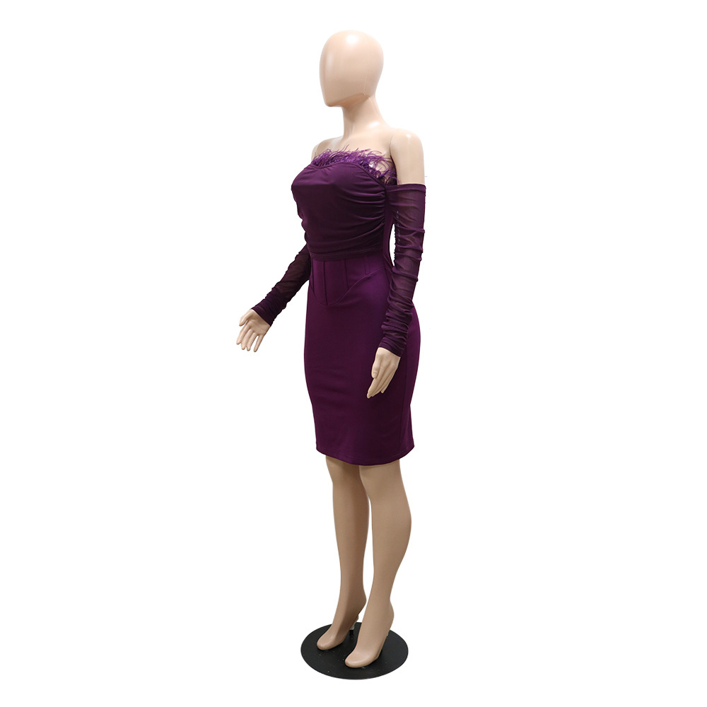 Ostrich Feather Purple Evening Dress 2022 Sexy Strapless Black Girls Prom Dresses With Sleeves Knee Length Sheath Cocktail Party African Women vestido