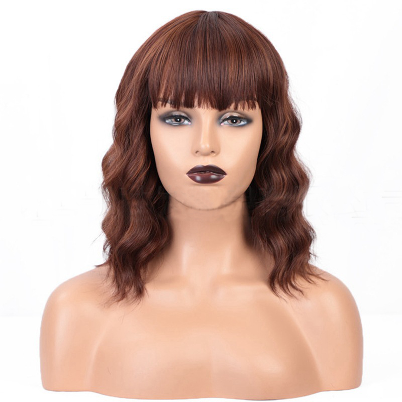 Beautiful Short Water wavy Synthteic Hair Wigs with Bangs for Women Afro wig Brown Ombre Color Wave wig