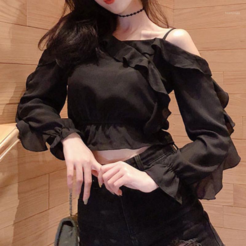 Women Fashion Shirt Long-sleeved One-shoulder Ruffled Off-shoulder Sling Chiffon Short Blouses Spring Autumn 2022 E714 Women's & Shirts, Black
Women Fashion Shirt Long-sleeved One-shoulder Ruffled Off-shoulder Sling Chiffon Short Blouses Spring Autumn 2022 E714 Women's & Shirts, Black