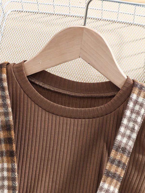 Toddler Girls Ruffle Trim Tee With Plaid Bow Front Pinafore Skirt SHE