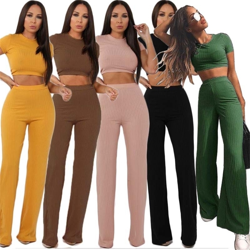 Women knitted long sleeve oneck crop top wide leg pants 2 piece set for female women tops pants two pieces sets women's suits 220817