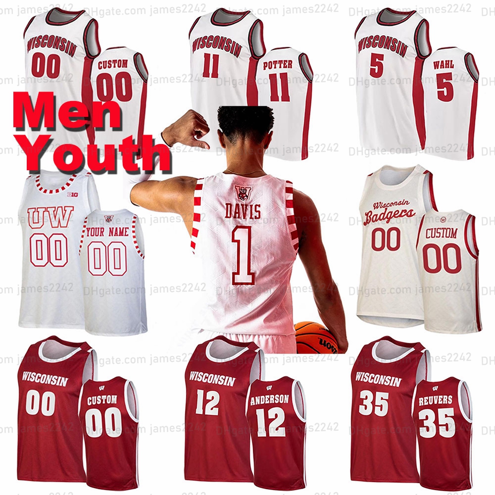 

Custom Men Youth 2022 NCAA Wisconsin Basketball Jersey Tyler Wahl Johnny Davis Brad Davison Steven Crowl Chucky Hepburn Lorne Bowman II Neath Ben Carlson Ilver, As shown