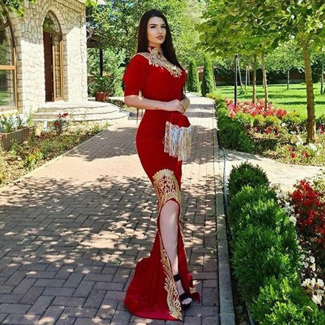 Modern Moroccan Caftan Red Velvet Evening Dresses With Detachable Skirt Side Slit Arabic Dubai Kaftan Celebrity Party Formal Gowns 2022 Women Special 