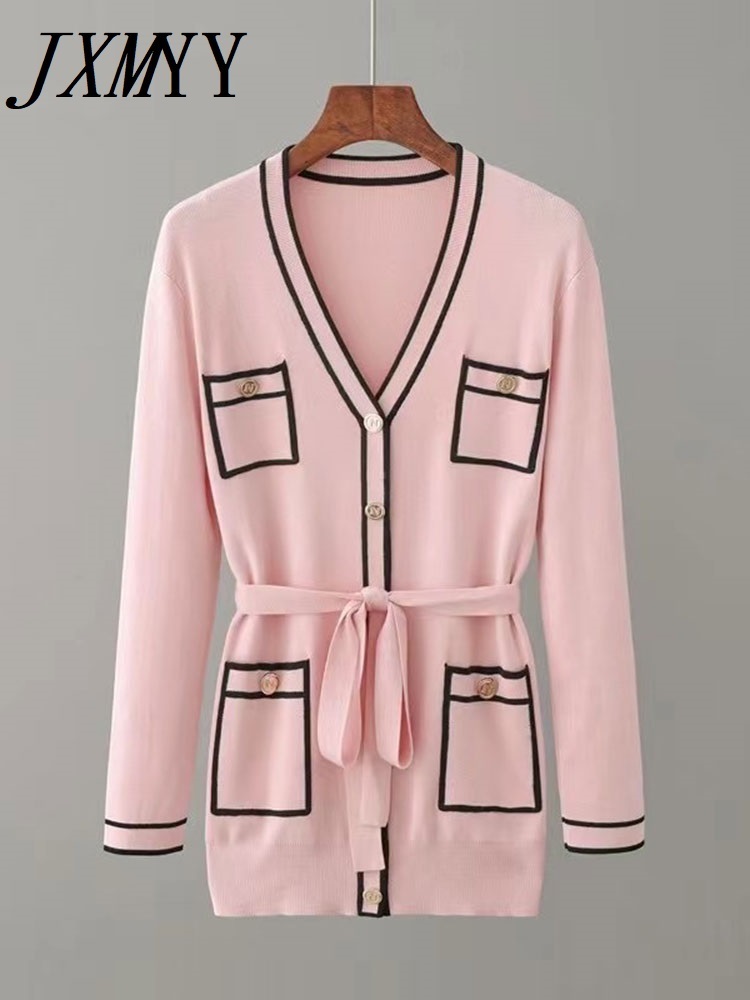 JXMYY Early Autumn Long-Sleeve Knit Suit Lace-Up Waist Mid-Length V-Neck Cardigan + Wide-Leg Pants Two-Piece Female 220315