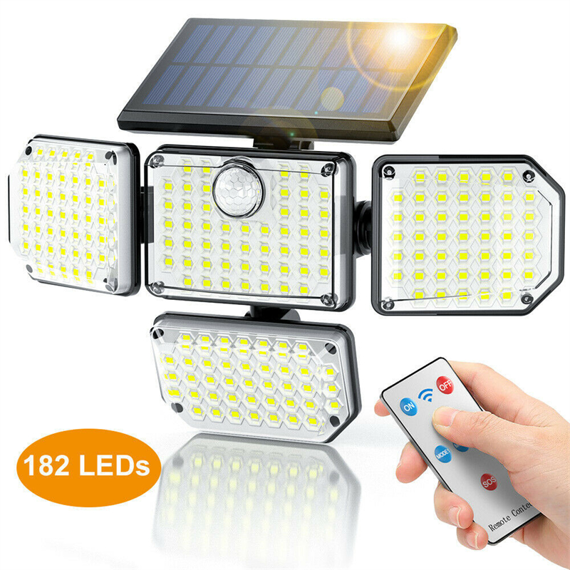Solar Wall Lights Outdoor 182/141 LED Street Lamp Adjustable 4 Heads Security Flood Light IP65 Waterproof with 3 Working Modes
Solar Wall Lights Outdoor 182/141 LED Street Lamp Adjustable 4 Heads Security Flood Light IP65 Waterproof with 3 Working Modes