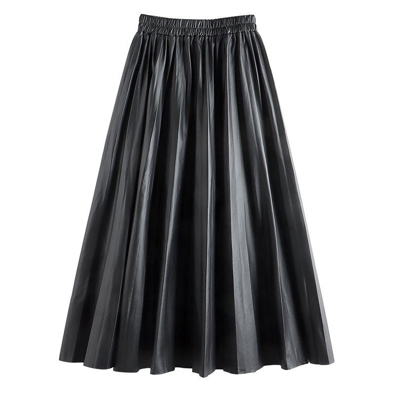 Seoulish Autumn Winter Faux PU Leather Pleated Long Skirts for Women High Waist All-match Umbrella Chic Female 220317