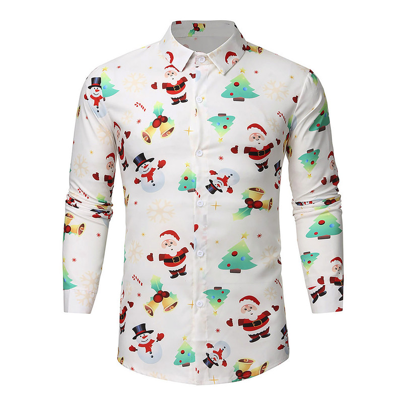 Christmas Deer Printed Blouse Mens Shirt Top Standing Collar Long-Sleeved Autumn Clothing For Man Ropa Hombre 220322