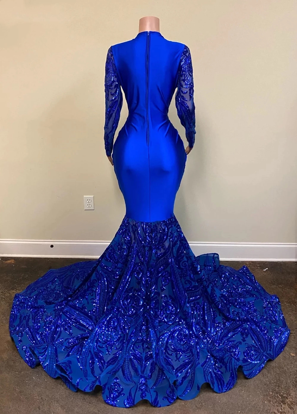 Royal Blue Mermaid Evening Dresses Real Image Long Sleeve sparkly Sequins Applique Trumpet African Black Girls prom Gala Gowns