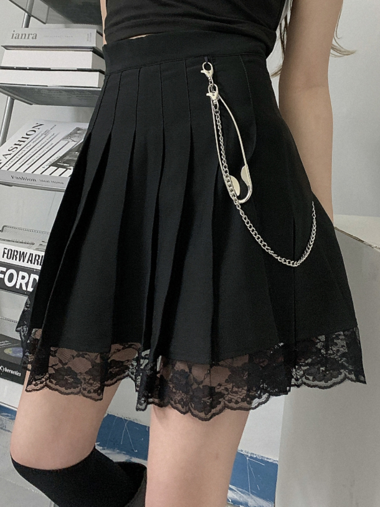 Harajpoo Women Skirts Chain Lace Stitch Y2k Summer Korean Ins Street Black High Waist Student A Line Short Pleated Skirt 220701
