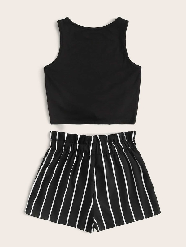 Girls Tie Hem Tank Top & Paperbag Waist Knot Detail Striped Shorts Set SHE