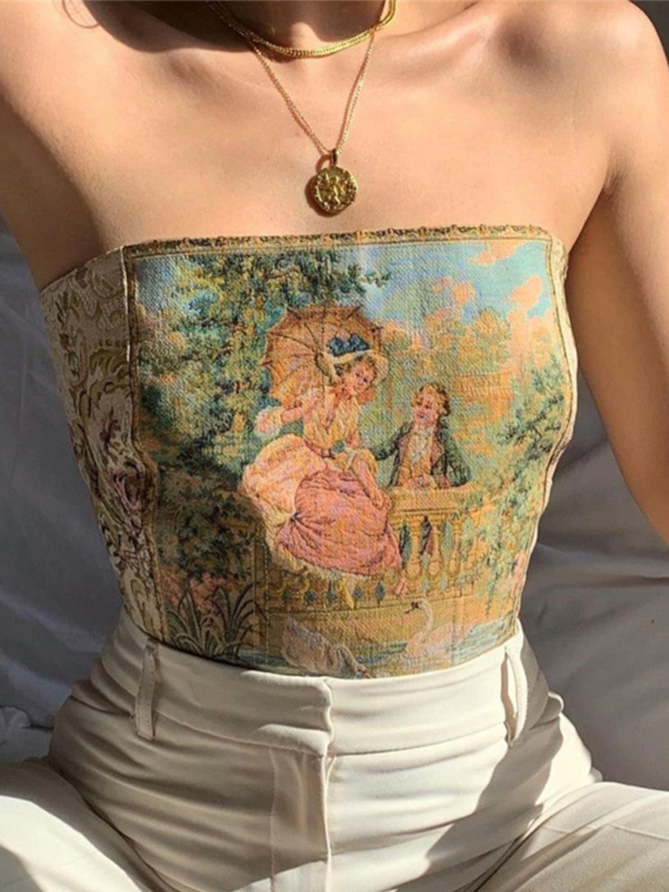 Y2K Top Women Corset Christmas Lace Up Tanks Slim Strapless Crop Sexy Party Club Backless Print Vest 90s Vintage Clothes 220316