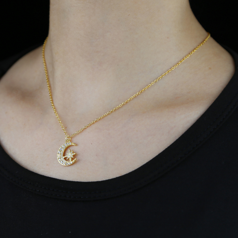 Gold Plated Tiny Small Crystal Fire Opal Moon Charm necklace Engraved Cz Moon Star Christmas Gift Classic Fashion Delicate Dainty Necklaces