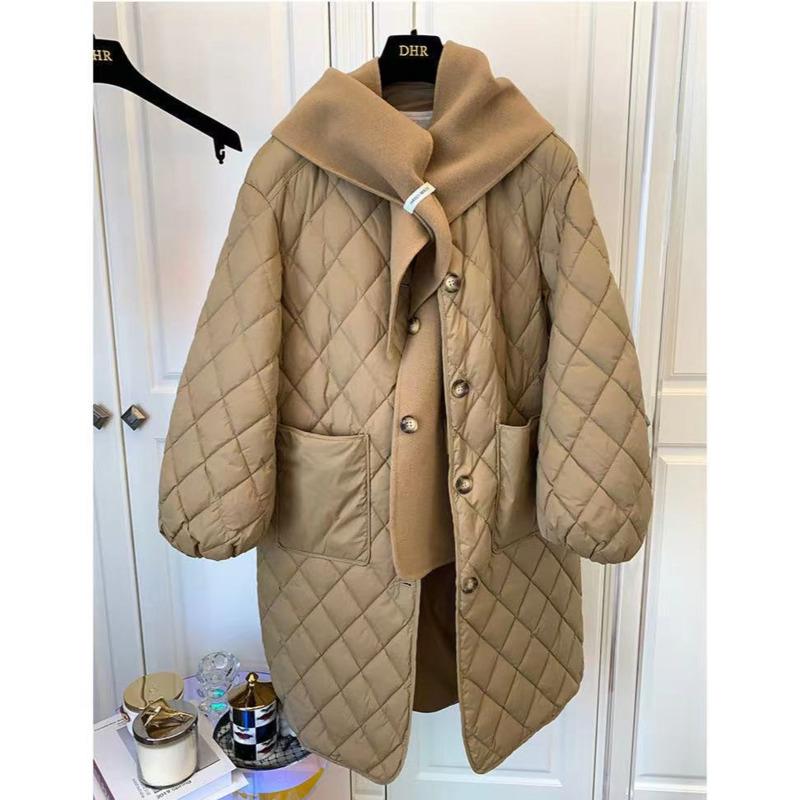 Women' Trench Coats Diamond Lattice Mid-length Parkas Coat Women Loose Korean Vest Scarf Fake Two-piece Down Cotton Jacket Winter Fashion O, Black 
Women' Trench Coats Diamond Lattice Mid-length Parkas Coat Women Loose Korean Vest Scarf Fake Two-piece Down Cotton Jacket Winter Fashion O, Black