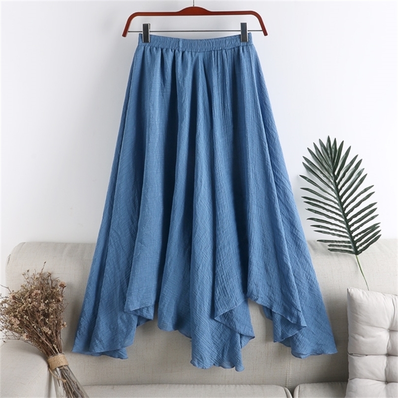 Linen Skirt Womens Spring Summer women Midi Solid Color wild Irregular Pleated blue black big swing Fishtail Skirt 220701