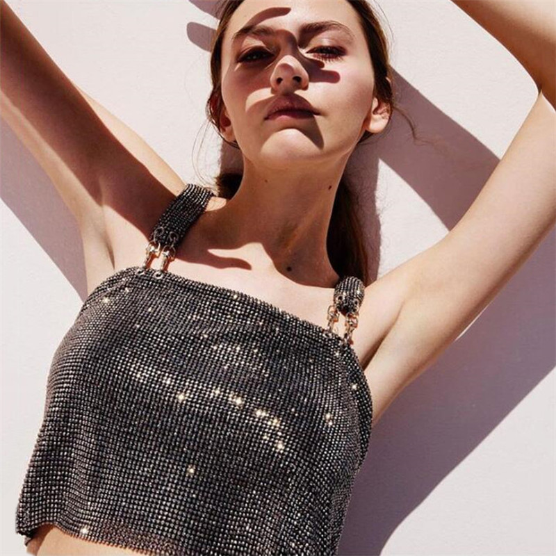Women Fashion Backless Tank Top Sparkly Sexy Streetwear Adjustable Metal Chain Crystal Sequin Club Party Crop 220316