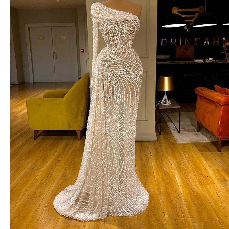 Sexy Illusion Mermaid Prom Dresses One Shoulder Beaded Sequins Evening Dress Formal Party Gown Robe De Soiree