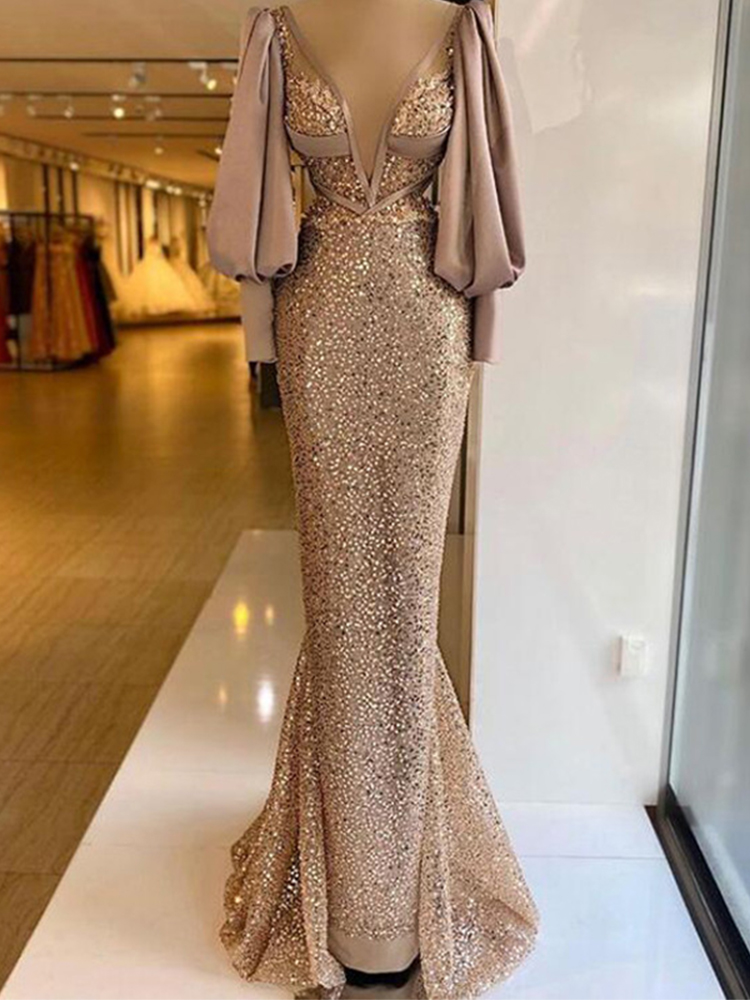 2022 Sexy Mermaid Prom Dresses Deep V-Neck Long Sleeves Hand Beaded Prom Dress Personalized Evening Gown Robe De Soiree