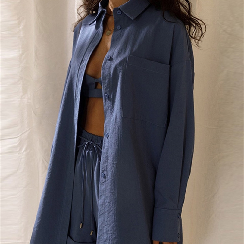 Summer Cotton Tracksuit Two Piece Set Female Long Sleeve Shirt Tops And Loose Mini Shorts Suit Women Casual Shorts Set 220817