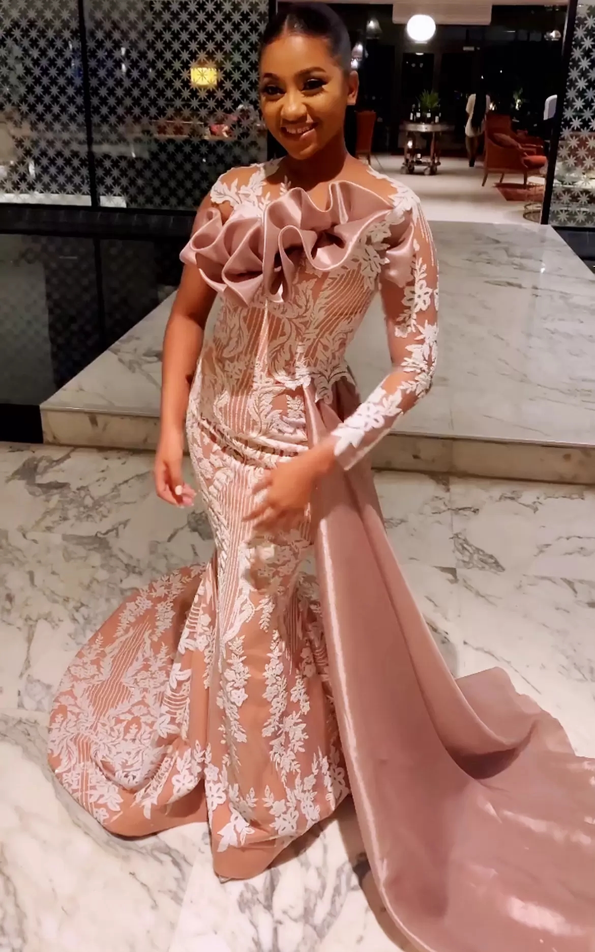Arabic Aso Ebi Nude Pale Pink Prom Formal Dresses 2022 Sheer Neck Long Sleeve Mermaid Evening Formal Party Second Reception Birthday Engagement Gowns 