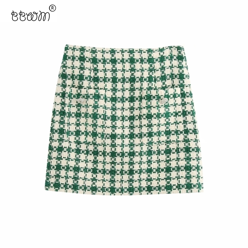 Stylish Chic Pockets Green Plaid Tweed Mini Skirt Women Fashion High Waist Skirts Casual Jupe Femme 220317