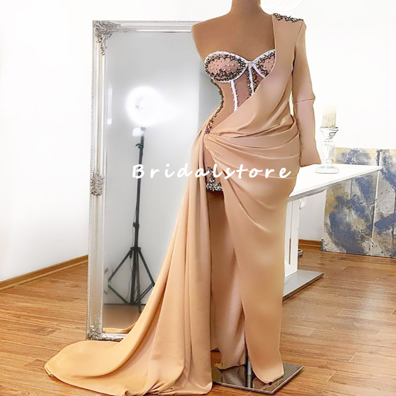 Vintage Gold Dubai Prom Dresses With One Shoulder Long Sleeve Sexy Mermaid Evening Dress Arabic Turish Formal Dinner Dance Party Gowns Robe De Soirée 