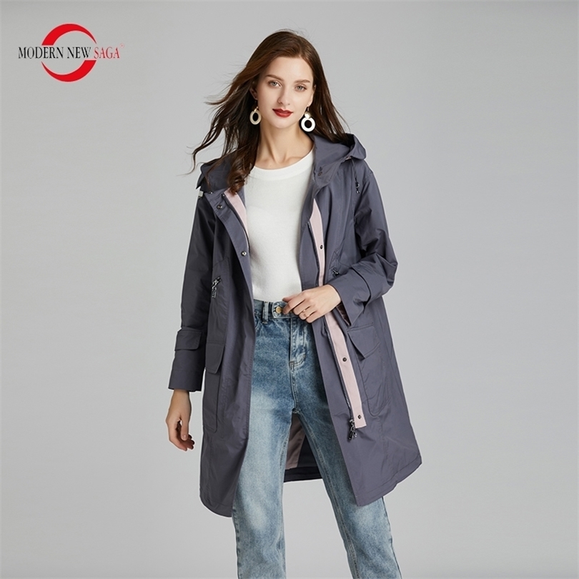 MODERN NEW SAGA Women Trench Coat Spring Fashion Long Coat Hooded Woman Coats Autumn Windbreaker Trench Femme Russian Size 201111