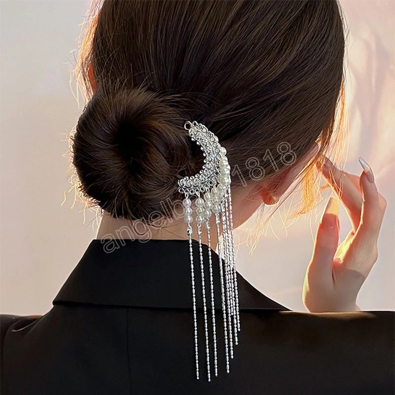 Fashion Metal Chinese Style Hair Stick Flower grace Hairpins Chopsticks Hairpin Long Tassel Pearl Hair Clip Women Hair Accessories