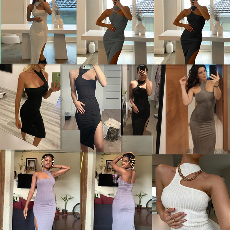 CNYISHE Sexy Off Shoulder Knitted Ribbed Dress Women Halter Cut-out Bodycon Sheath Midi Dresses Female Midi Sundress Vestidos 220511