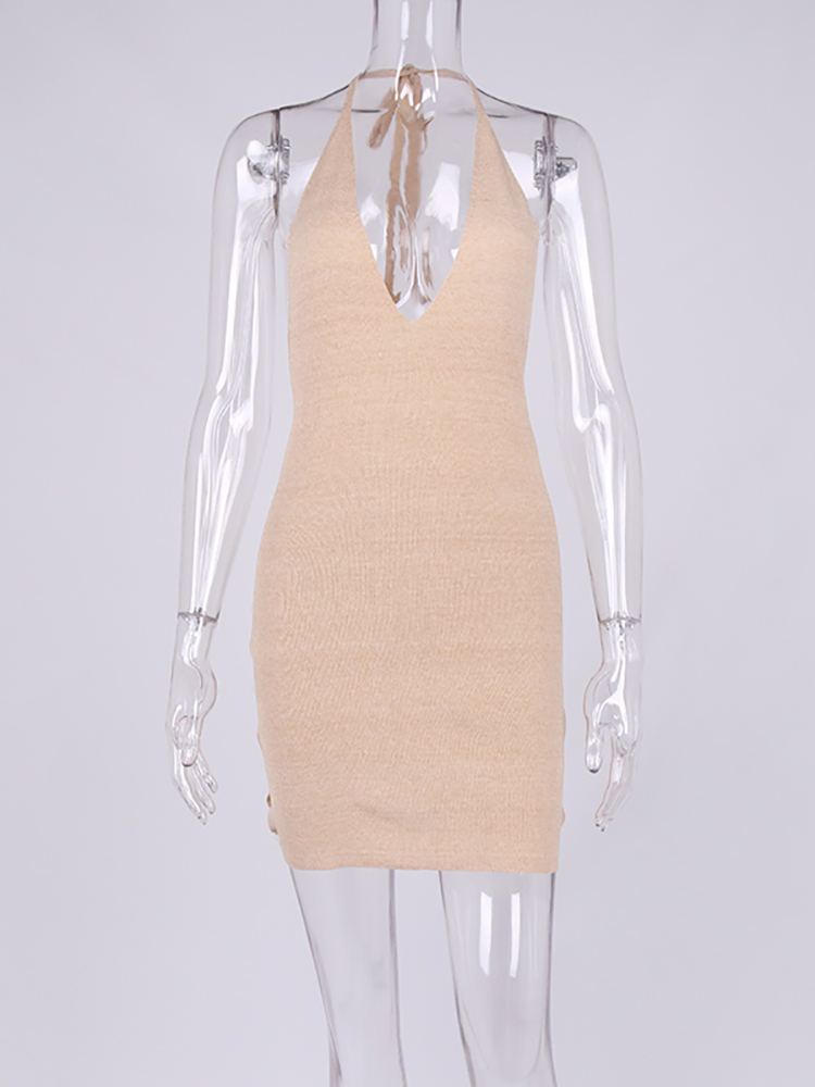 Asia Halter Knitted Dress Hollow out Buttons up Backless Lace up V Neck Sleeveless Sexy Mini Vestidos Woman Bodycon Dresses 220511