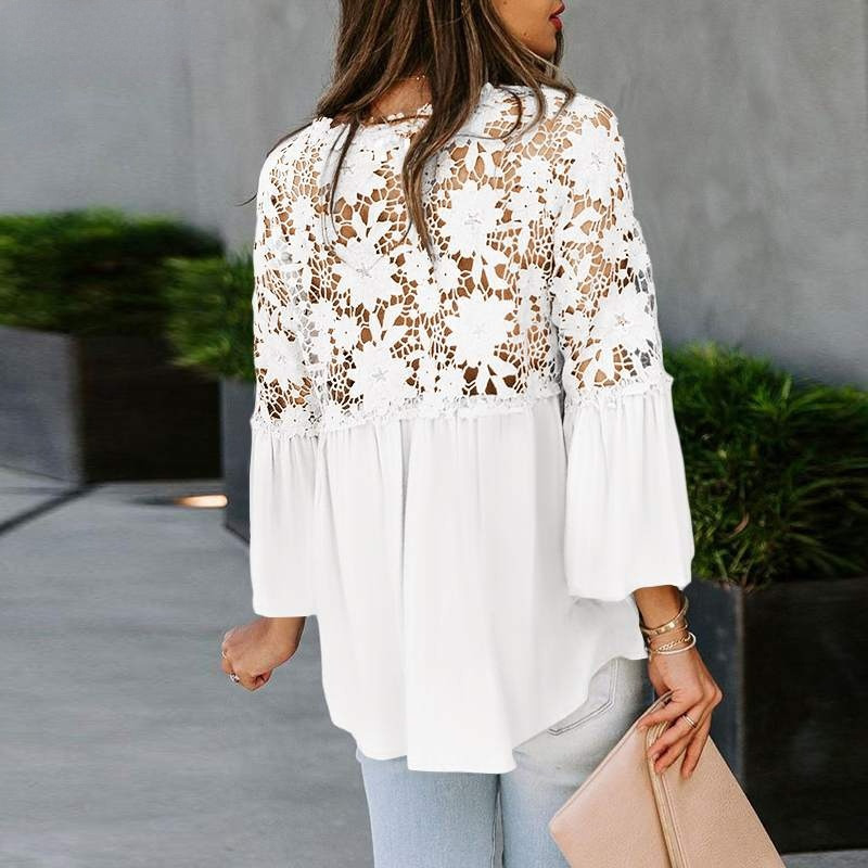 Women s casual oversize spring blouses lace and v neck 220728