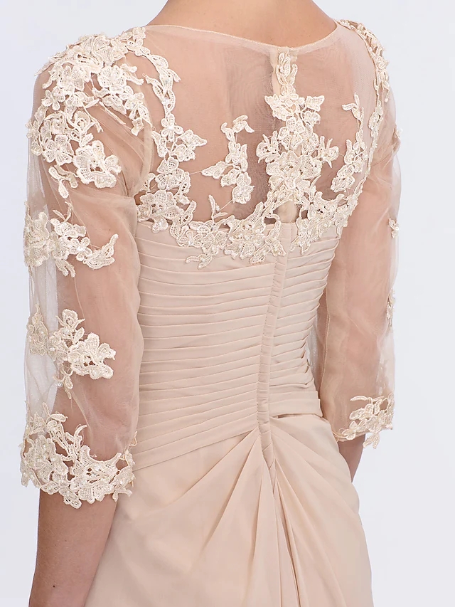 Champagne A-Line Mother of the Bride Dress 2025 Elegant V Neck Floor Length Chiffon Sheer Lace Half Sleeve Wedding Party Gowns
