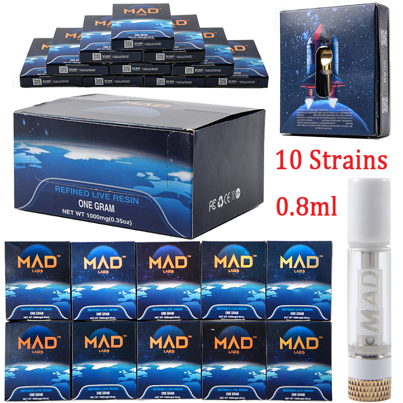 New MAD Labs Vape Cartridges Packaging Atomizers 0.8ml Empty Cartridge Ceramic Coil Carts Thick Oil Vaporizer Starter Kits For E Cigarettes 10 Strains