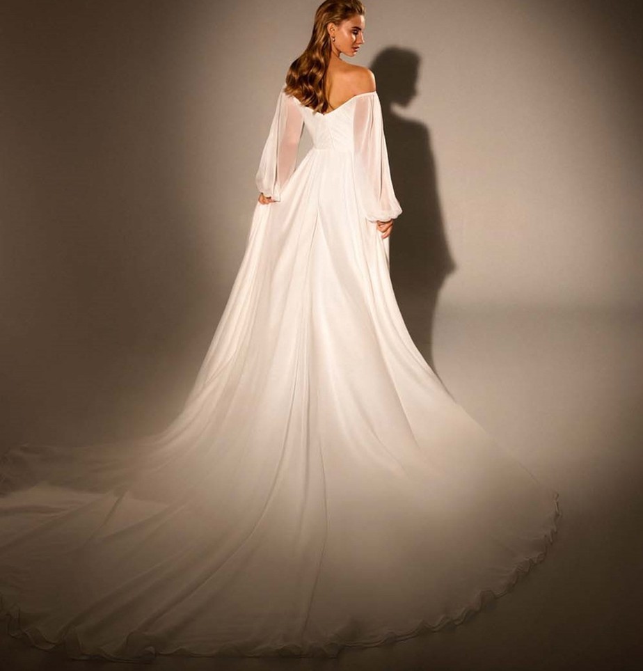 Off Shoulder Crisscross 3D Chiffon Wedding Dress Simple Backless Long Puff Sleeves Bridal Gowns Vestido de Novia Robe Mariee