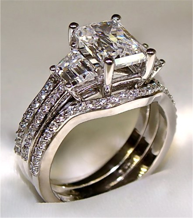 Vintage 10K White Gold 3ct Lab Diamond Ring sets 925 sterling silver Bijou Engagement Wedding band Rings for Women men Jewelry 220