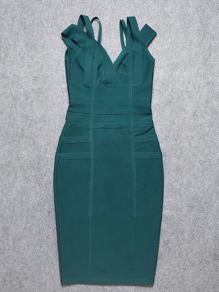 BEAUKEY Sexy V Neck Green HL Bandage Dress Double Strap Party Club Elastic White Red Bodycon Vestido Plus Size XL China 220510
