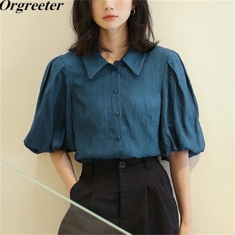 Vintage England style Design Solid Shirt Summer Lapel Bud puff sleeve Slim Blouse Elegant Ladies Casual Tops 210602, Blue
Vintage England style Design Solid Shirt Summer Lapel Bud puff sleeve Slim Blouse Elegant Ladies Casual Tops 210602, Blue