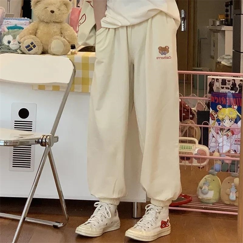 HOUZHOU Kawaii Harajuku Joggers Pant Soft Girl Loose Beige Baggy Korean Fahion Pink Gray Trousers Bear Embroidery 220325