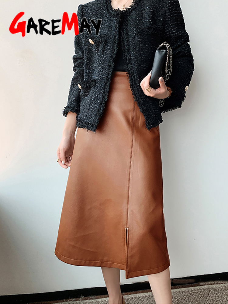 Autumn Winter Women's Leather Skirt with Side Slit A-line Vintage Long Midi High Waist Pu Faux Pencil 220322