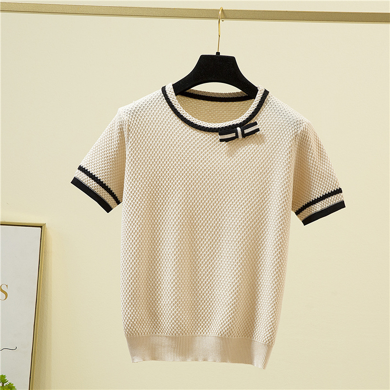 Korean Fashion Bow Patchwork Short Sleeve T-Shirt Women Elegant Summer Knitted Tees Office O-Neck Thin Woman Tshirt Tops Female 220328