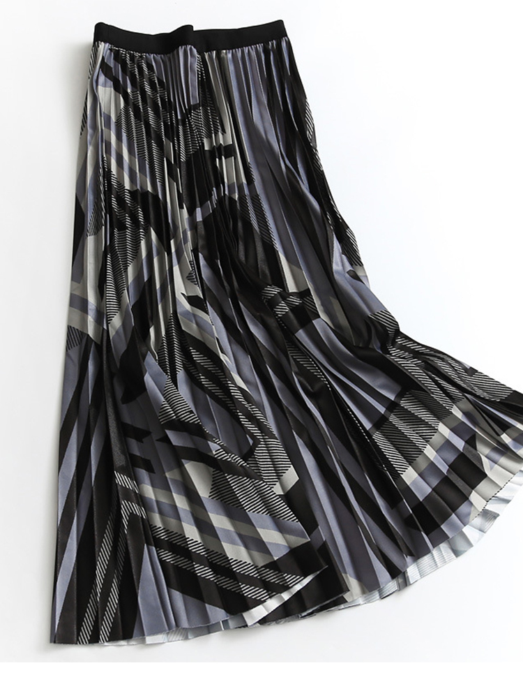 TIGENA Y2K Midi Long Pleated Skirt for Women Geometric Print A Line Elastic High Waist Mid-length Female Ladies 220317