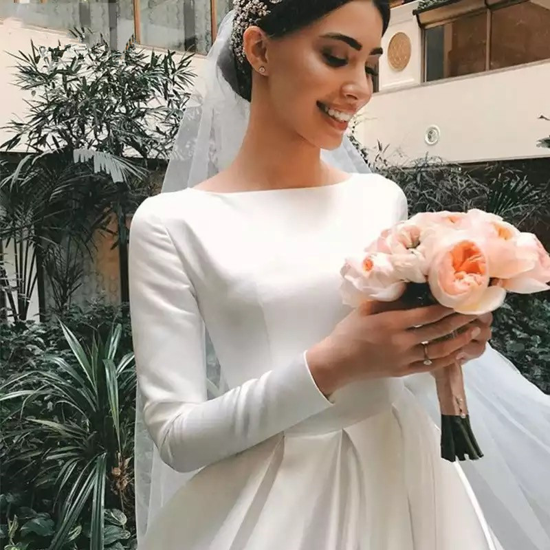 Vestidos De Novia Simple Vintage White Ivory Satin Wedding Dress for Women Long Sleeves Bridal Gown Robe France Sukienka