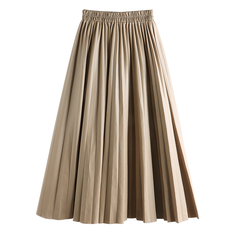 Seoulish Autumn Winter Faux PU Leather Pleated Long Skirts for Women High Waist All-match Umbrella Chic Female 220317